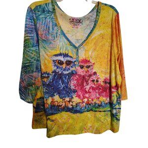 Leoma Lovegrove XXX Large, 3X Shirt Top, Owls, 3/4 Sleeve, V Neck Owl Family